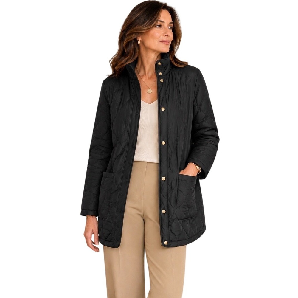 J Crew Black Quilted  City Puffer Coat Jacket Black  Gold Snap‎ Button  Size XL